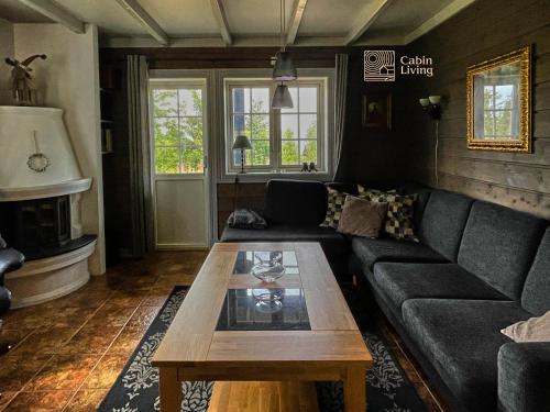 特吕西尔Great apartment in Trysil, ski inout, wifi, sauna的带沙发和咖啡桌的客厅