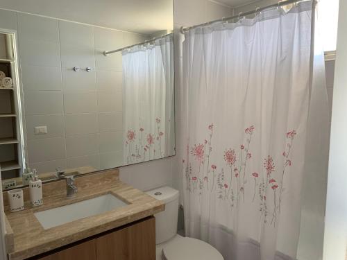 拉塞雷纳DEPARTAMENTO EN RESORT LAGUNA DEL MAR的一间带卫生间和淋浴帘的浴室