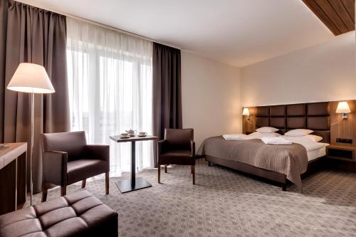 卡尔帕奇Osada Śnieżka koło Karpacza的酒店客房带一张床、一张桌子和椅子