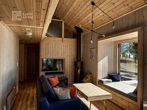 RingsakerModern New Large Cabin Ski in out Sjusjøen的客厅配有沙发和桌子