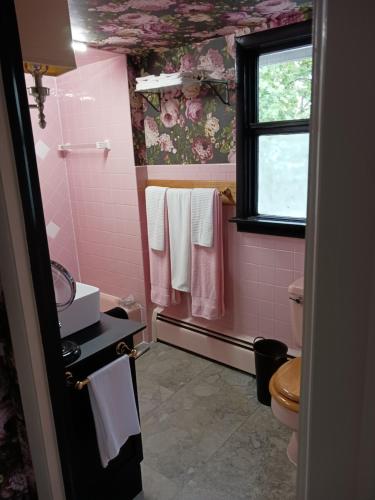 MoosicThe guest house at the regina house tea room的粉红色的浴室设有卫生间和窗户