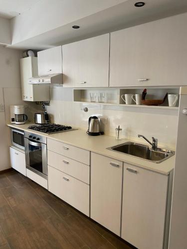 罗萨里奥Estudio completo en zona centro, a 200 metros del rio的厨房配有白色橱柜和水槽
