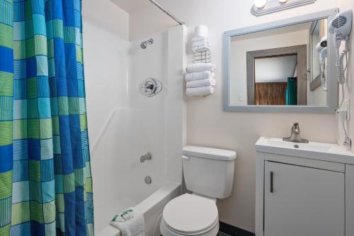 大洋城Beach Bum Inn的一间带卫生间、水槽和镜子的浴室