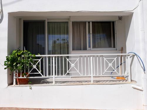 锡蒂亚Sitia Holidays 2的白色阳台,设有窗户和植物
