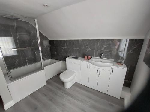 奥尔顿The White Hart Apartment Church View的浴室配有卫生间、盥洗盆和淋浴。