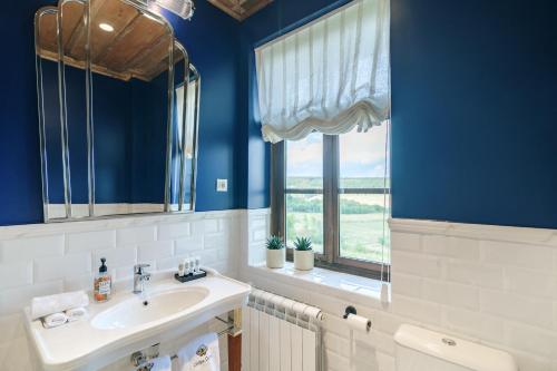 Sladka VodaCarpe Diem的蓝色的浴室设有水槽和窗户