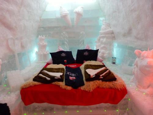 克尔茨什瓦拉乡Hotel of Ice Transylvania的一间冰卧室内带床的房间