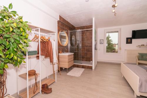 Puttelange-aux-LacsPrivate & Comfortable Apartments的一间带水槽的客厅和一间浴室
