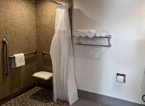 瓦列霍Studio 6 Vallejo CA Napa Valley的带淋浴、卫生间和毛巾的浴室