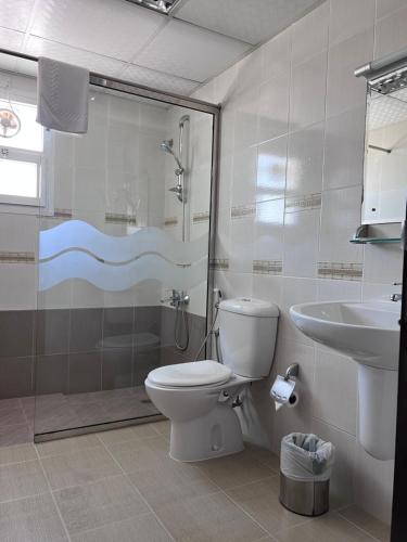 马斯喀特AL MANAF HOTEL SUITES的一间带卫生间和水槽的浴室