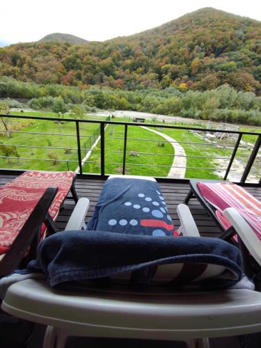斯科列Villa Opir的阳台配有桌椅,享有河景