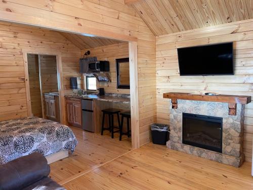 BarnesvilleLakewood Park Campground - Luxury Cabin的小木屋内一间带壁炉的卧室