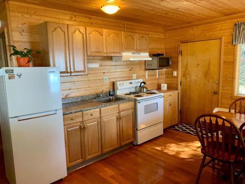 Clam GulchClam Gulch Lodge的厨房配有木制橱柜和白色冰箱。
