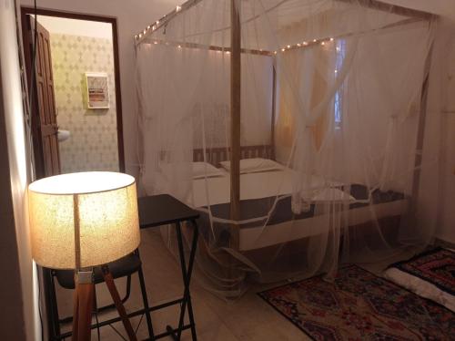 阿姆波尔TantraLoka Retreat Centre的一间卧室配有一张带天蓬和灯的床