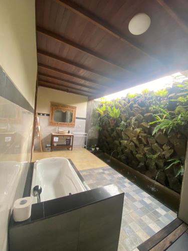 乌布Anggarakasih Ubud Villa的带浴缸和鱼壁画的浴室