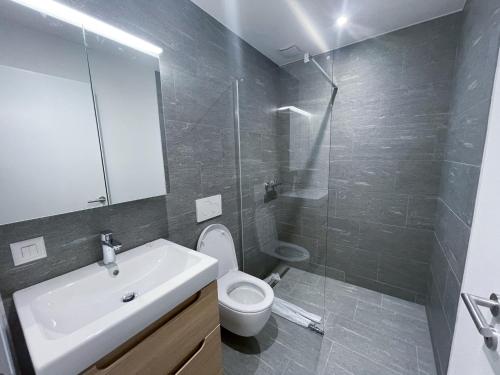 拉珀斯维尔-约纳SCHNYDER'S HOME - Studio_1的一间带水槽、卫生间和镜子的浴室