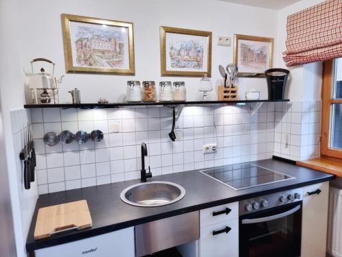 萨默贝格Fritzis Alpenidyll „Sommertraum & Winterromantik”的厨房配有水槽和台面