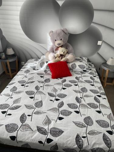 卡布列尔Villa en bordure de Garrigue的两只泰迪熊坐在床上