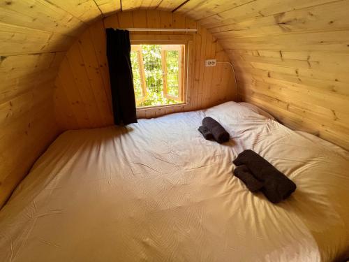 莫伦霍克de Harmonie的小木屋内的一张床位,设有窗户