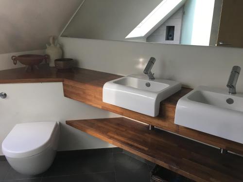欧登塞Quiet villa apartment close to everything的浴室设有2个水槽、卫生间和镜子。