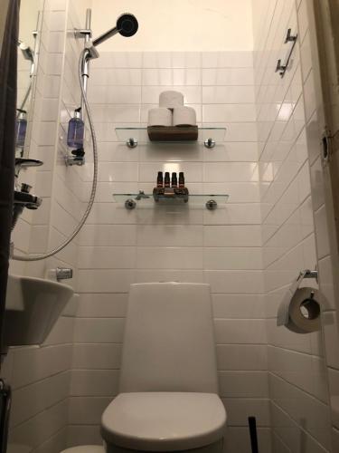 赫尔辛基Design District Area - Compact Apartment Helsinki Center的浴室配有卫生间、淋浴和盥洗盆。