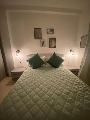 夸尔图-圣埃莱娜Civico 107的一间卧室配有一张大床和两个绿色枕头