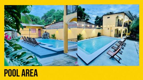 莫约加尔帕Hostal Casa Moreno的一个带椅子的泳池区和一个房子