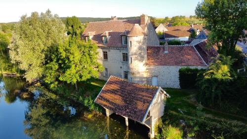 Marnay-sur-SeineLe Prieuré sur Seine的享有河边房屋的空中景致