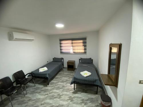 瓦迪穆萨Omar Apartment的配有床、椅子和镜子的房间