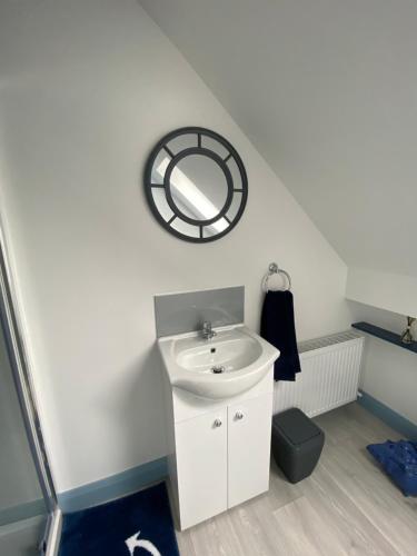 道宁斯Blue Pearl Apartment的浴室设有水槽和墙上的镜子