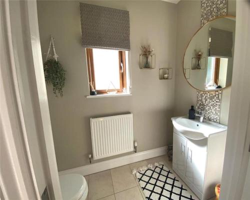 LlanstadwellTide Cleddau impressive detached 4 bedroom home - Llanreath的一间带水槽、卫生间和镜子的浴室