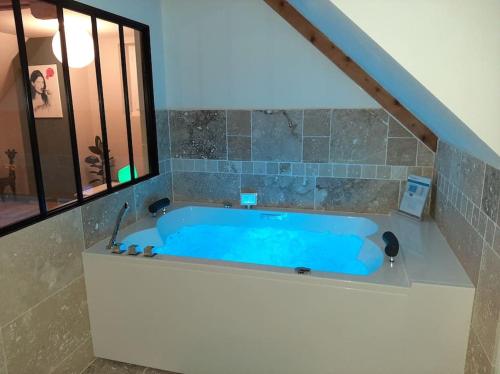 班纳萨克Appartement chaleureux avec Jacuzzi的带窗户的浴室内的蓝色浴缸