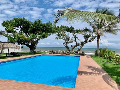 翡翠海岸Mar De Estrellas - Hotel的海滩旁的蓝色游泳池