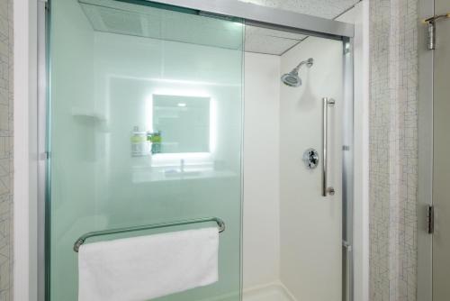 州学院威廉斯堡广场州立大学智选假日酒店的一个带水槽的浴室内的玻璃淋浴间门