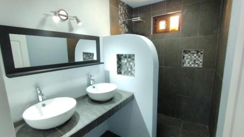 普拉亚弗拉明戈Hotel Tabasco的一间带两个盥洗盆和淋浴的浴室
