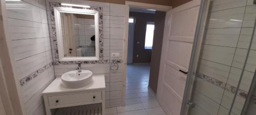 凯斯特海伊Rigó Apartman的白色的浴室设有水槽和镜子