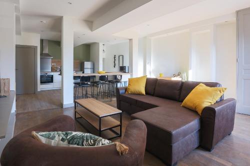 索恩河畔自由城Le Fonctionnel - TravelHome的一间带棕色沙发的客厅和一间厨房