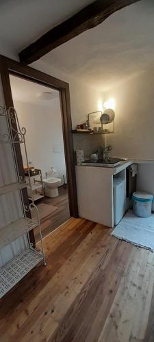 瓦拉洛Al vicolo del Gallo MONOLOCALE的客房内设有带水槽和卫生间的浴室