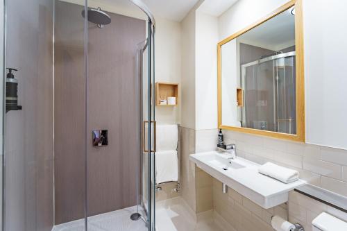 阿伯里斯特威斯阿伯里斯特威斯公园旅馆 的带淋浴、盥洗盆和镜子的浴室