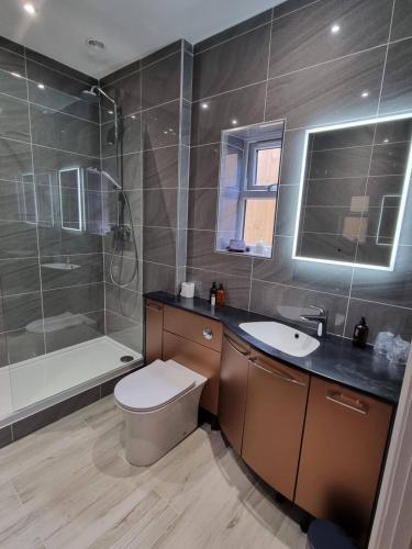 Stoke Albany白马旅馆及餐厅的浴室配有卫生间、盥洗盆和淋浴。
