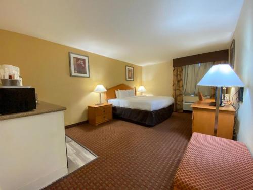 埃尔森特罗Ocotillo Inn的酒店客房配有一张床和一张带台灯的书桌