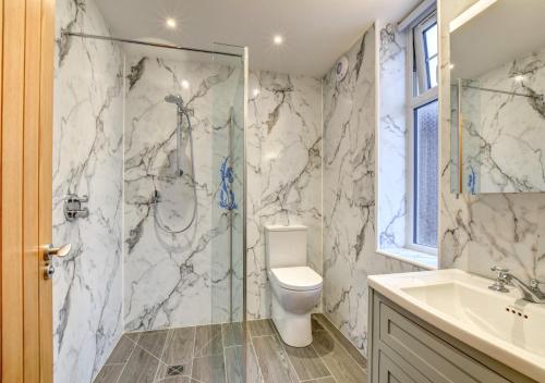 阿贝达隆Morannedd的浴室配有卫生间、淋浴和盥洗盆。