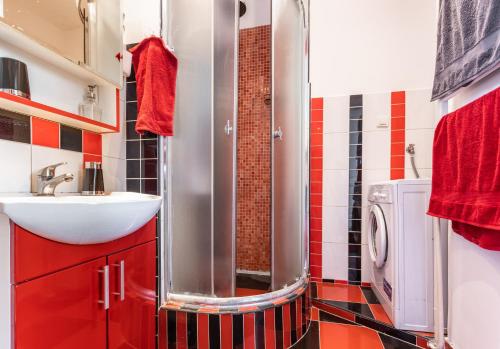 贝尔格莱德Spacious Loft with one bedroom and a big terrace的带淋浴、盥洗盆和洗衣机的浴室