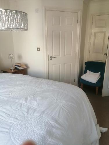 BoxleyMaidstone Homestay的卧室配有白色的床和蓝色椅子