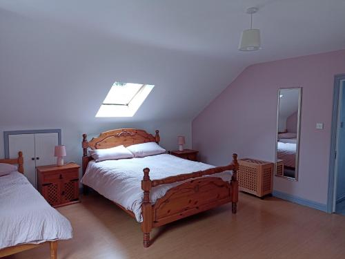 阿基尔Foreen Lodge, Achill Island的一间卧室配有木床和镜子