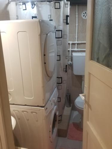 克拉古耶瓦茨Prenociste Lux的浴室配有洗衣机和烘干机。