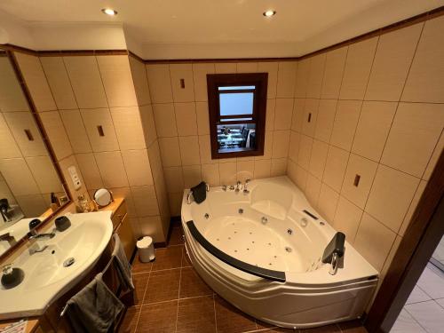 布拉格老城区公寓的带浴缸和盥洗盆的大浴室