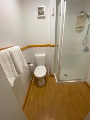 陶波Lakefront Lodge Taupo的一间带卫生间和玻璃淋浴间的浴室