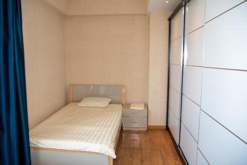 乌兰巴托Lovely 2 BR unit with city view的一间带床和橱柜的小卧室