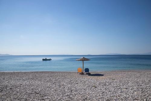 基内塔Seaside Haven Kineta的海滩上的一把椅子和一把遮阳伞